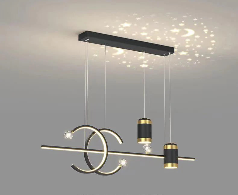 Hdc Led Gold Black Body Linear Led Chandelier Light Hanging Lamp With Star Projection