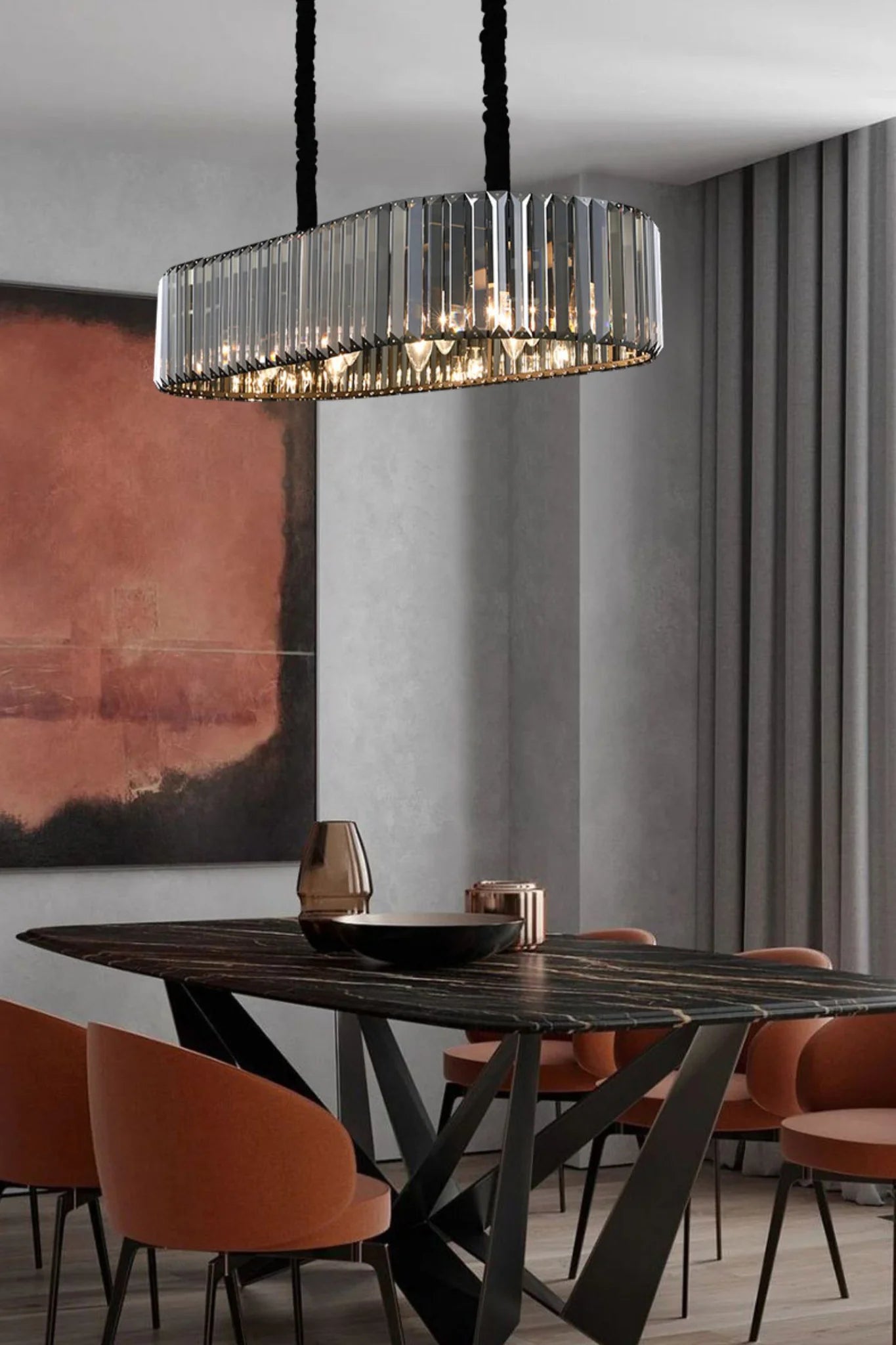 Hdc 800x300 Mm Black Metal Smoke K9 Crystal Led Chandelier Hanging Suspension Lamp - Warm White