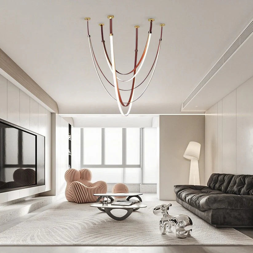 Hdc 3 Light Tan Color Leather Belt Chandelier Hanging Lamp - Warm White
