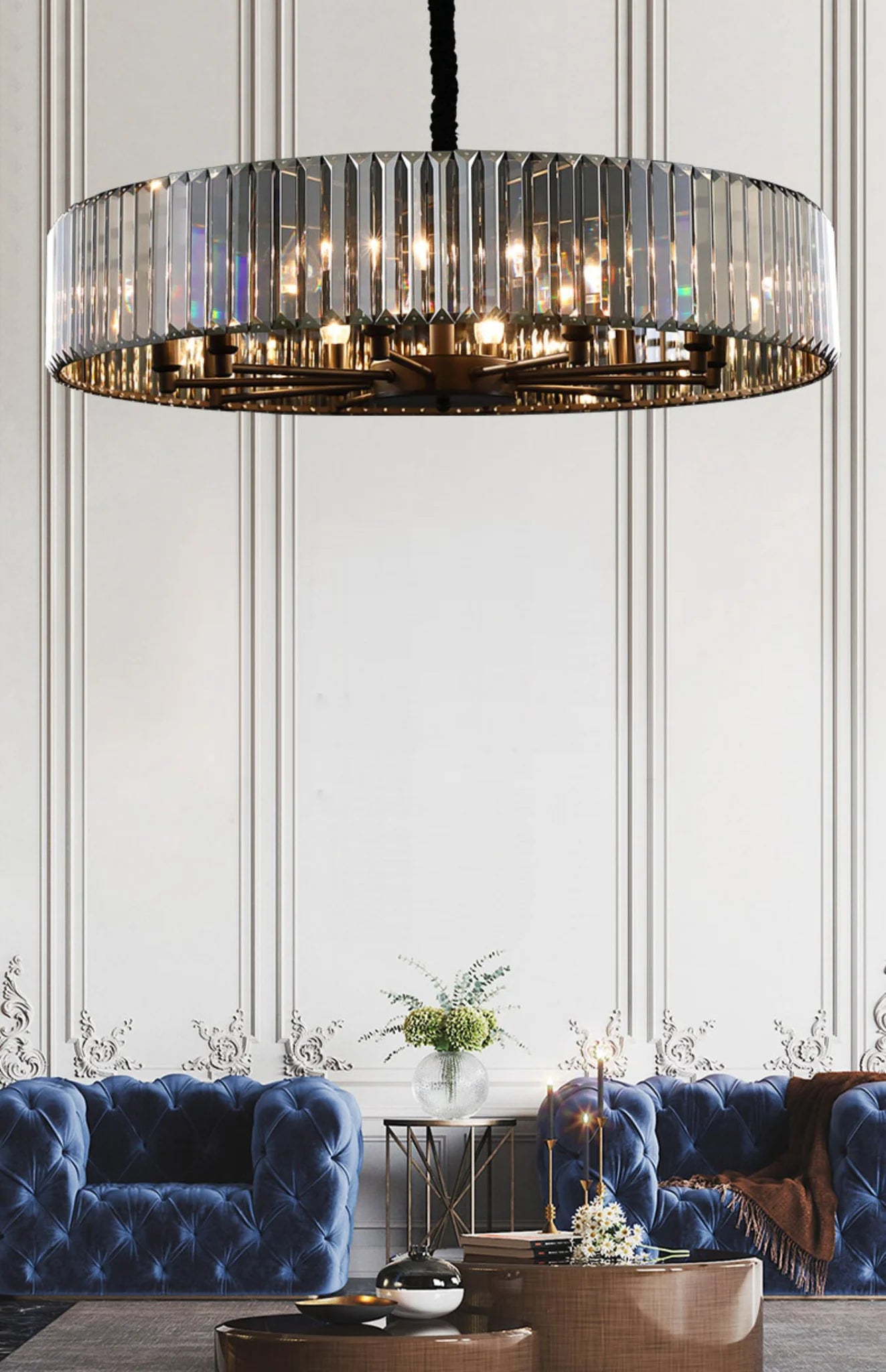 Hdc 600 Mm Black Metal Smokey Crystal Led Chandelier Hanging Suspension Lamp - Warm White