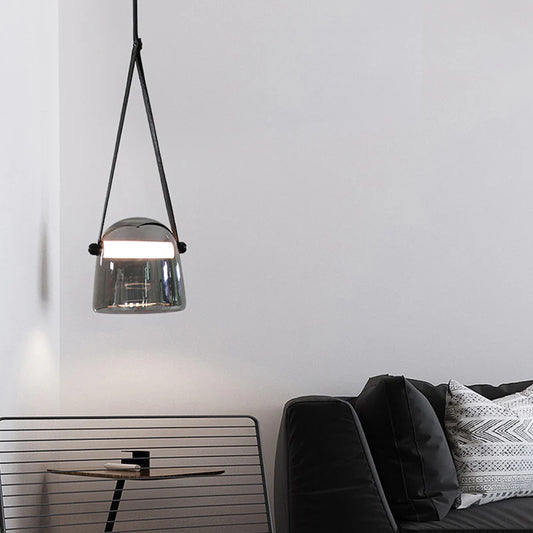 Hdc 1 Light Led Glass Smokey Black Pendant Lamp With Leather Strap Ceiling Light - Tricolour