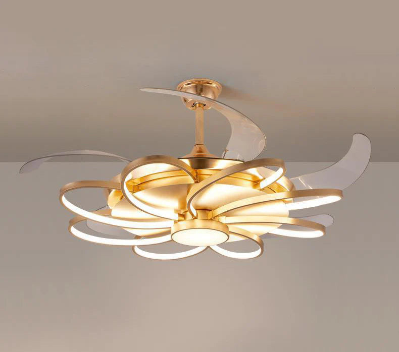 Hdc Invisible Golden Oval Rings Ceiling Fan Chandelier With Remote Control 4 Retractable Abs Blades