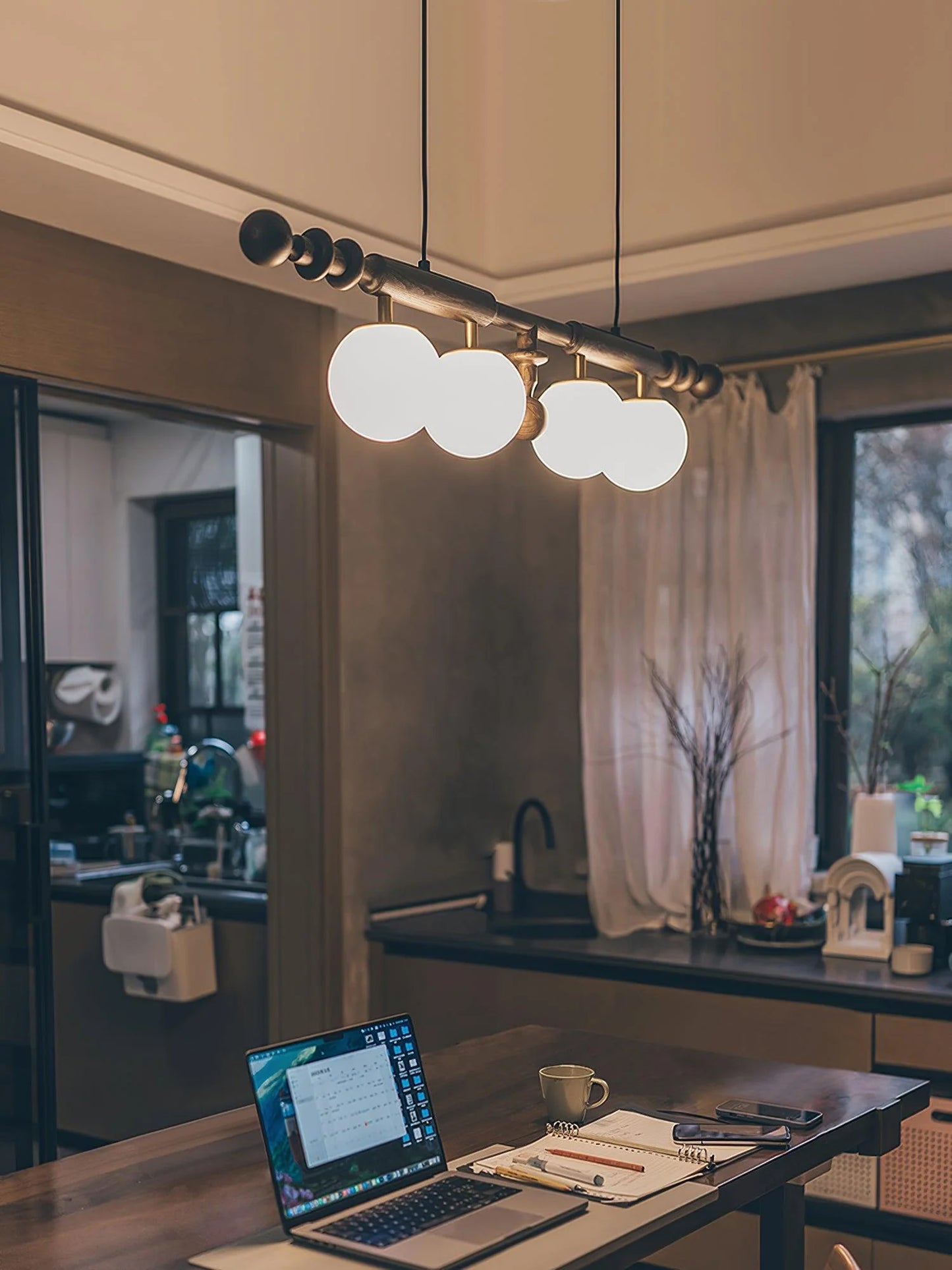 Hdc Mid Century Modern Wood Chandelier Adjustable Height Linear Chandelier Light White Glass Globe for Dining Room Kitchen Island (Brown)