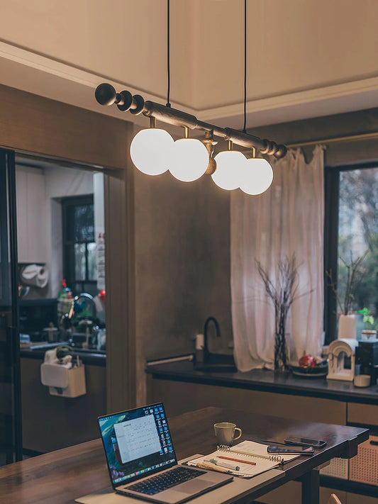 Hdc Mid Century Modern Wood Chandelier Adjustable Height Linear Chandelier Light White Glass Globe for Dining Room Kitchen Island (Brown)