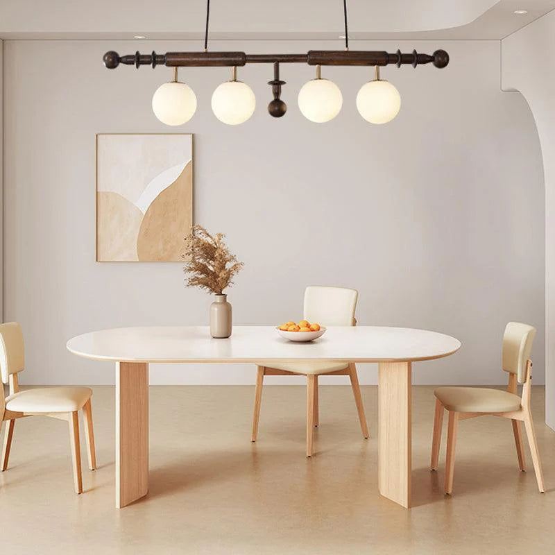 Hdc Mid Century Modern Wood Chandelier Adjustable Height Linear Chandelier Light White Glass Globe for Dining Room Kitchen Island (Brown)