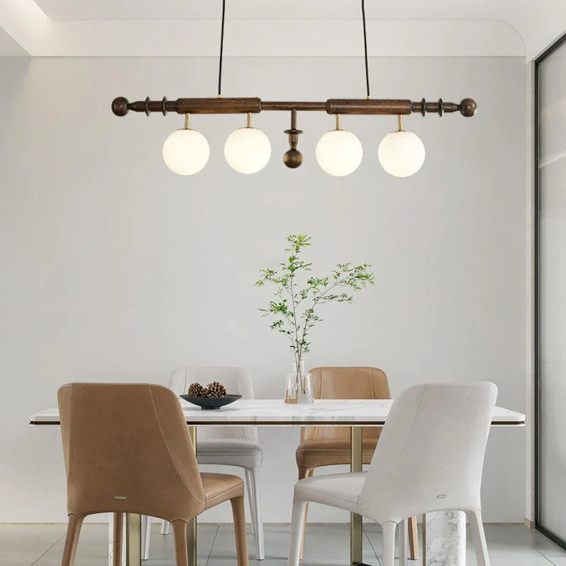 Hdc Mid Century Modern Wood Chandelier Adjustable Height Linear Chandelier Light White Glass Globe for Dining Room Kitchen Island (Brown)
