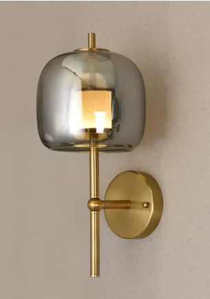 Hdc Amber/Smoke Glass Wall Light Brass Gold Metal Bedroom Living Room Wall Light - Tricolor