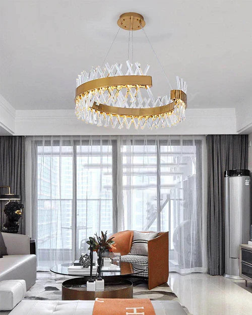 Hdc Amber Crystal Living Room Gold Luxury Ring Crystal Chandelier Led Pendant Lighting