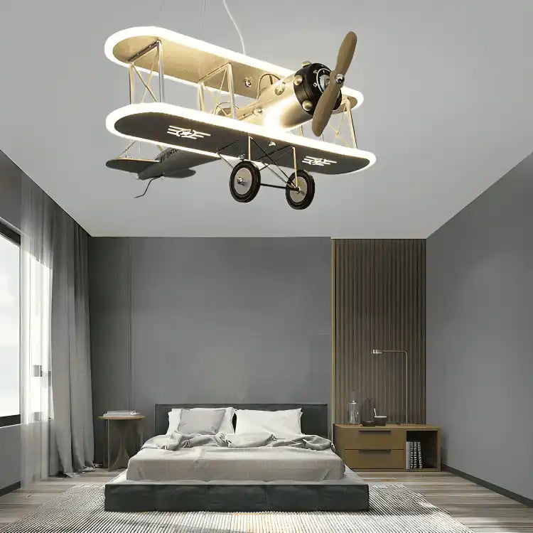 Hdc Airplane Modern Art Deco Cartoon Biplane LED Suspended Light Chandelier Fan For Boys Bedroom Children's Room