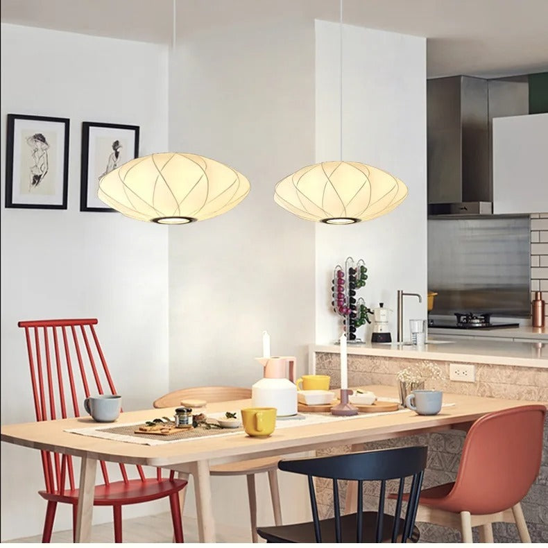 HDC Modern Metal Ceiling Light Geometric Shape Pendant Lamp with Silk Shade for Living Room