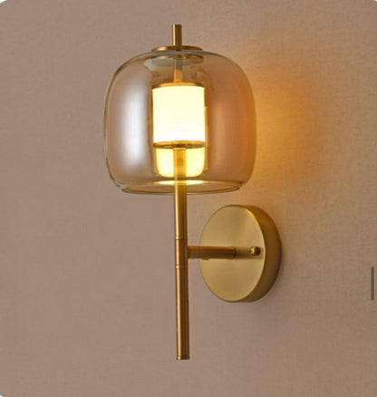 Hdc Amber/Smoke Glass Wall Light Brass Gold Metal Bedroom Living Room Wall Light - Tricolor