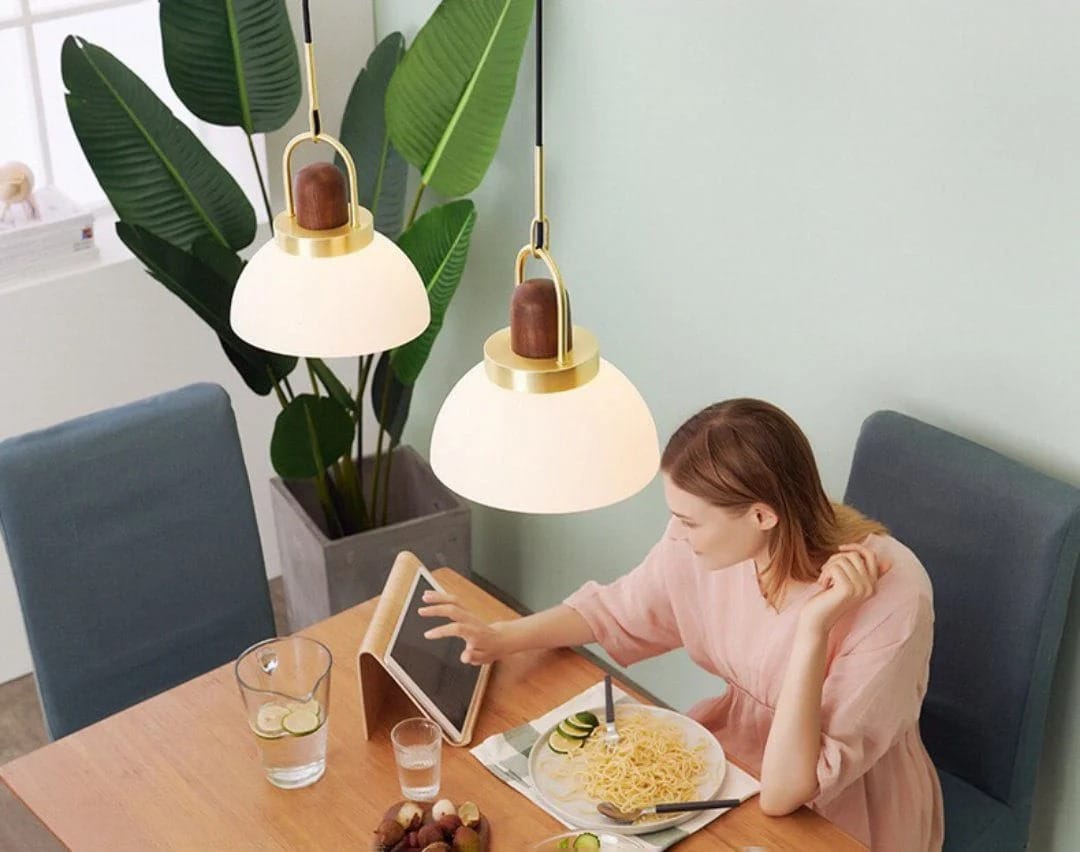 HDC Modern Premium White Dome Shade with Golden Metal Accent Elegant DecorativeGlass Pendant Light for Bedroom, Living Room