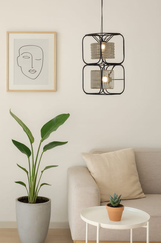 HDC Modern Black Metal Quad-Frame Dual Glass LED Pendant Hanging Lamp