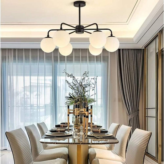 HDC Modern 6-Head Black Metal Frame Frosted Globe Chandelier