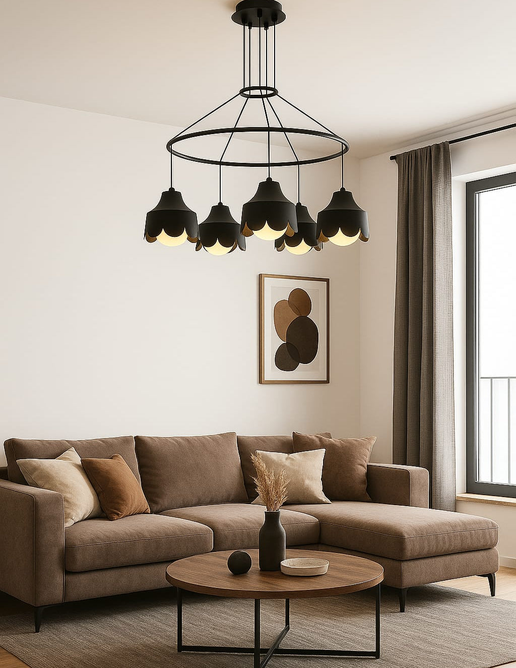 HDC Lotus Bloom 9-Head Black & Gold Designer Floral Metal Chandelier For Living Room