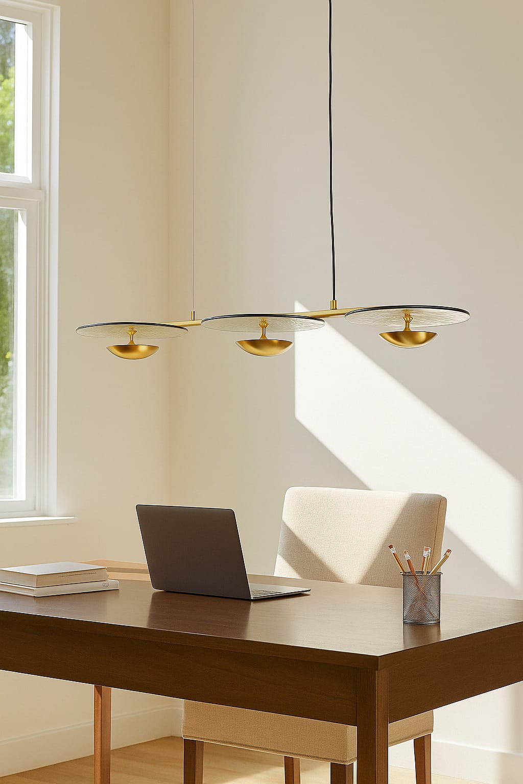 HDC 1200mm Trilium Glide White Acrylic Leaf Pattern with Golden Accents LED Linear Chandelier For Living Room