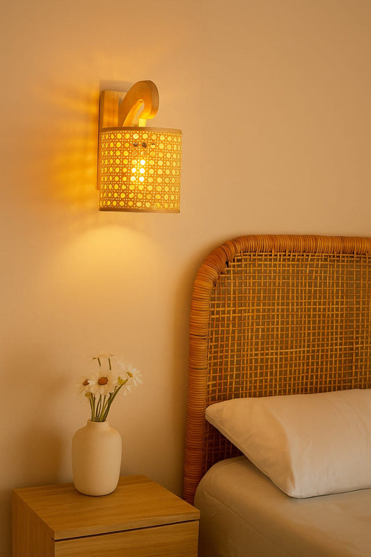 HDC Handcrafted Wooden Cane Woven LED Sconce with Curved Wooden Wall Lamp forBedroom, Living Room & Café Décor Light