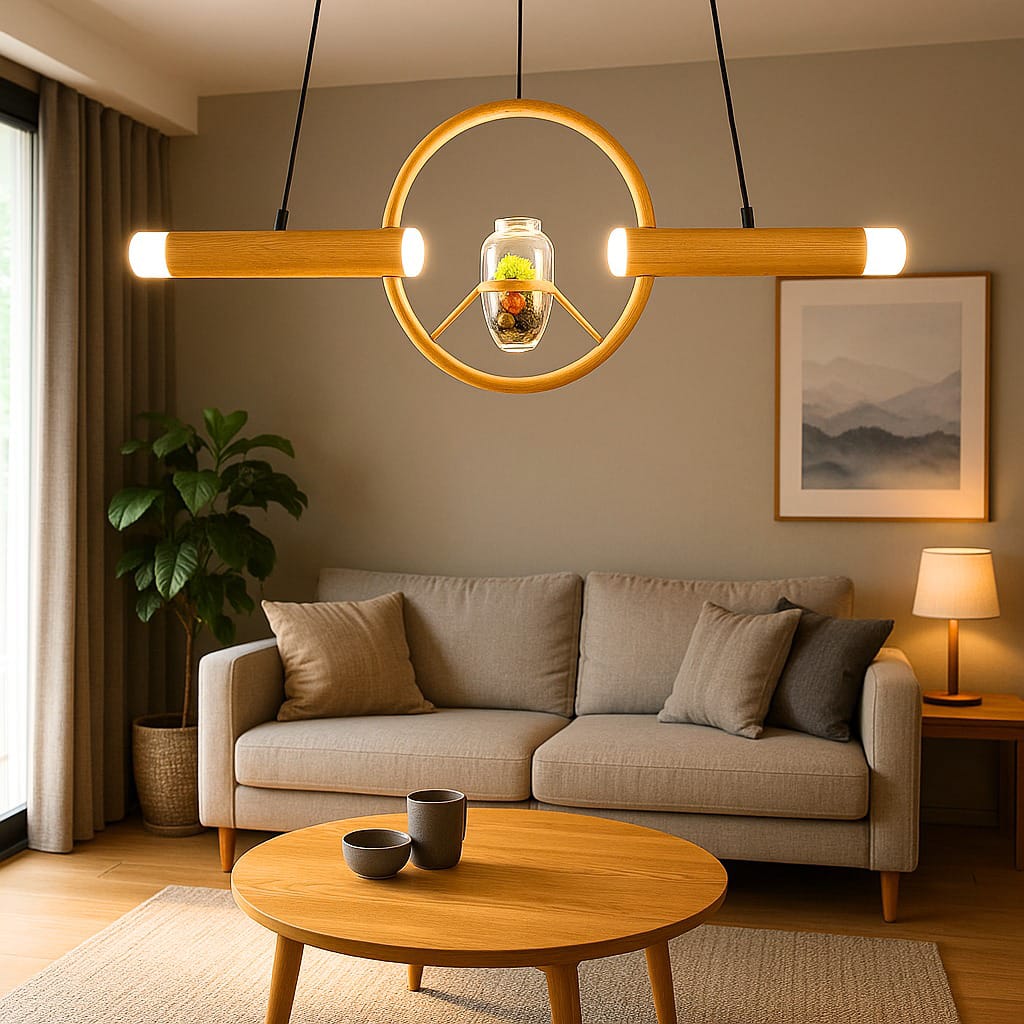 HDC 950mm Wooden Ring Pendant Light with Glass Center Decor Linear LED Hanging Lamp for Dining Table, Living Room & Restaurants