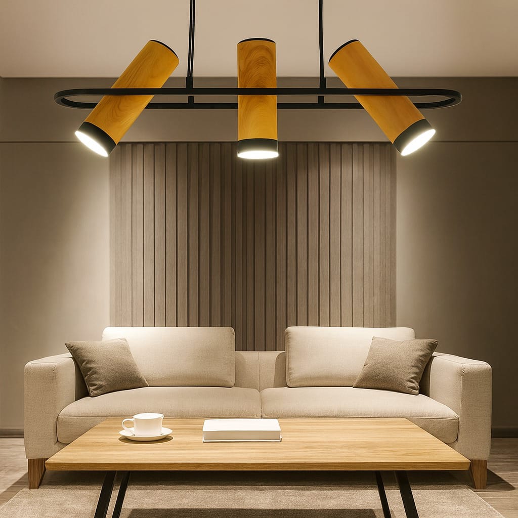 HDC 3-Lights Modern Wooden Cylinder Pendant Chandelier Linear Hanging Lamp For Dining Table, Living Room & Restaurants