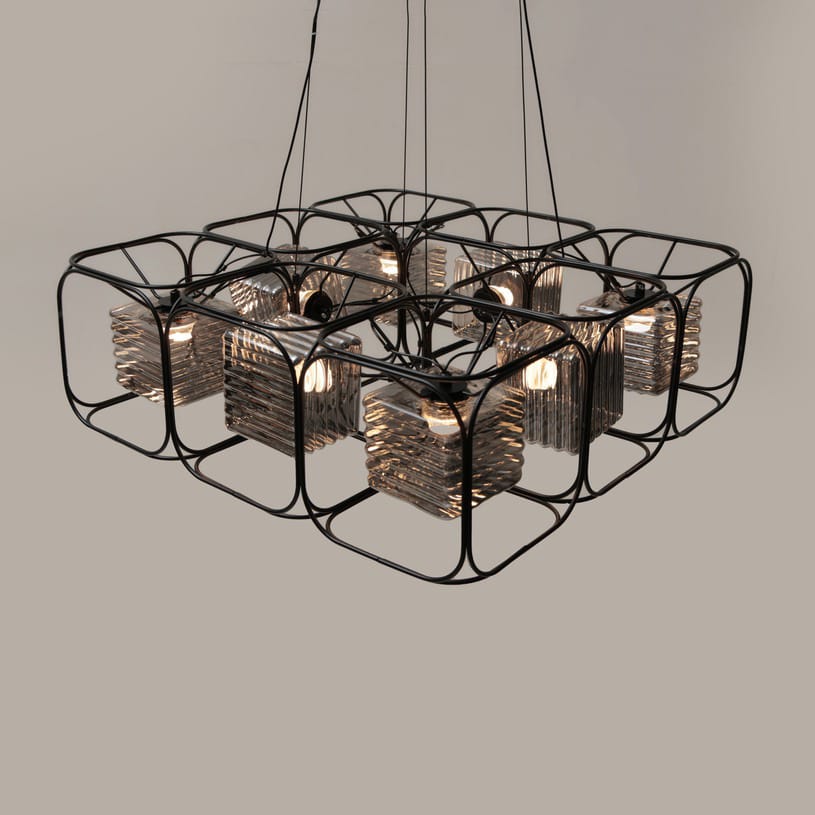 HDC 6-Light Metal & Textured Glass Luxe Cage-Frame Cluster Chandelier For Living Room