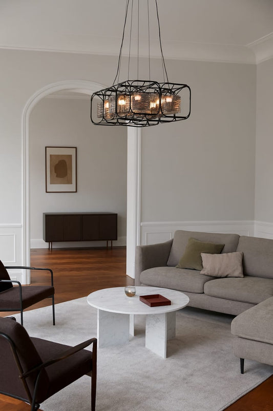 HDC 6-Light Metal & Textured Glass Luxe Cage-Frame Cluster Chandelier For Living Room