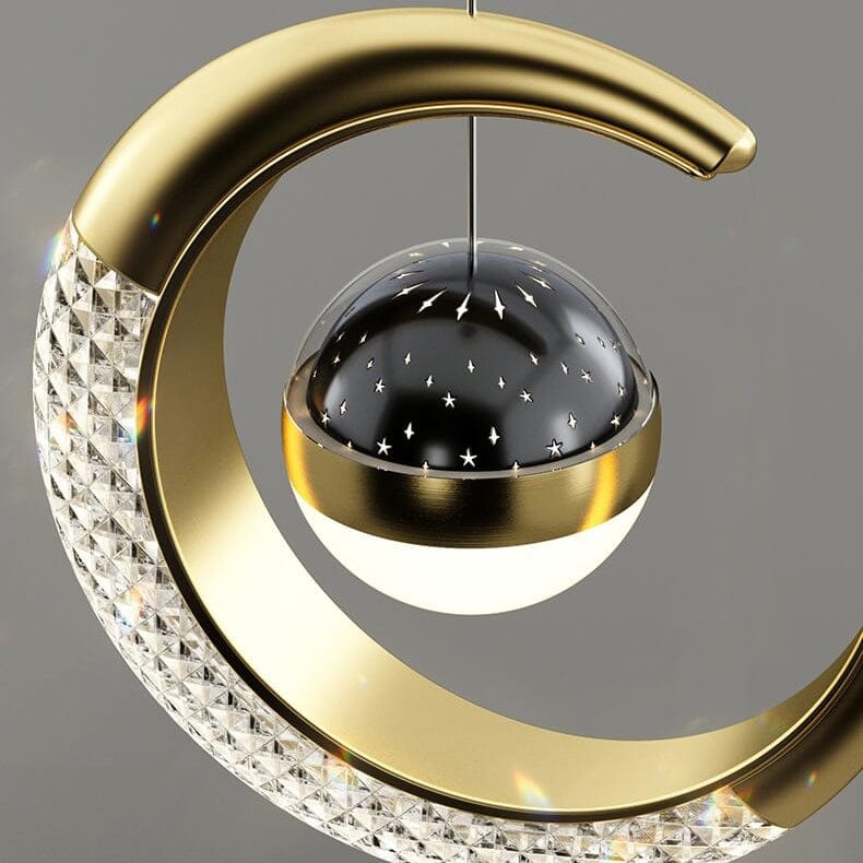 HDC Crystal Crescent Moon Star-Glow Effect Hanging LED Pendant For Modern Bedroom & Living Room Decorative Light