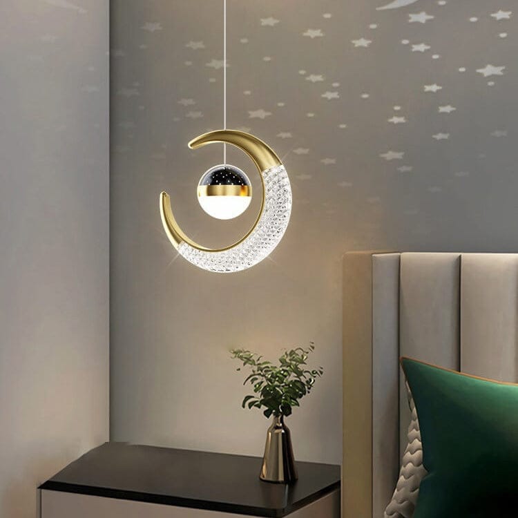 HDC Crystal Crescent Moon Star-Glow Effect Hanging LED Pendant For Modern Bedroom & Living Room Decorative Light