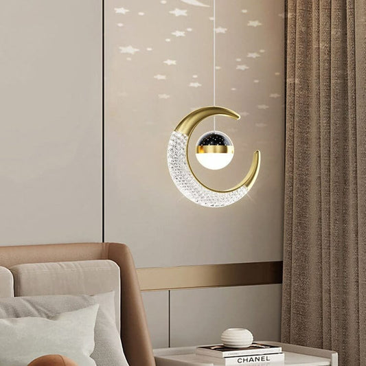 HDC Crystal Crescent Moon Star-Glow Effect Hanging LED Pendant For Modern Bedroom & Living Room Decorative Light
