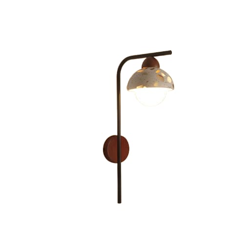 HDC Japanese Minimalist Stone Wall Light with Curved Metal Arm for Bedroom & Living Room