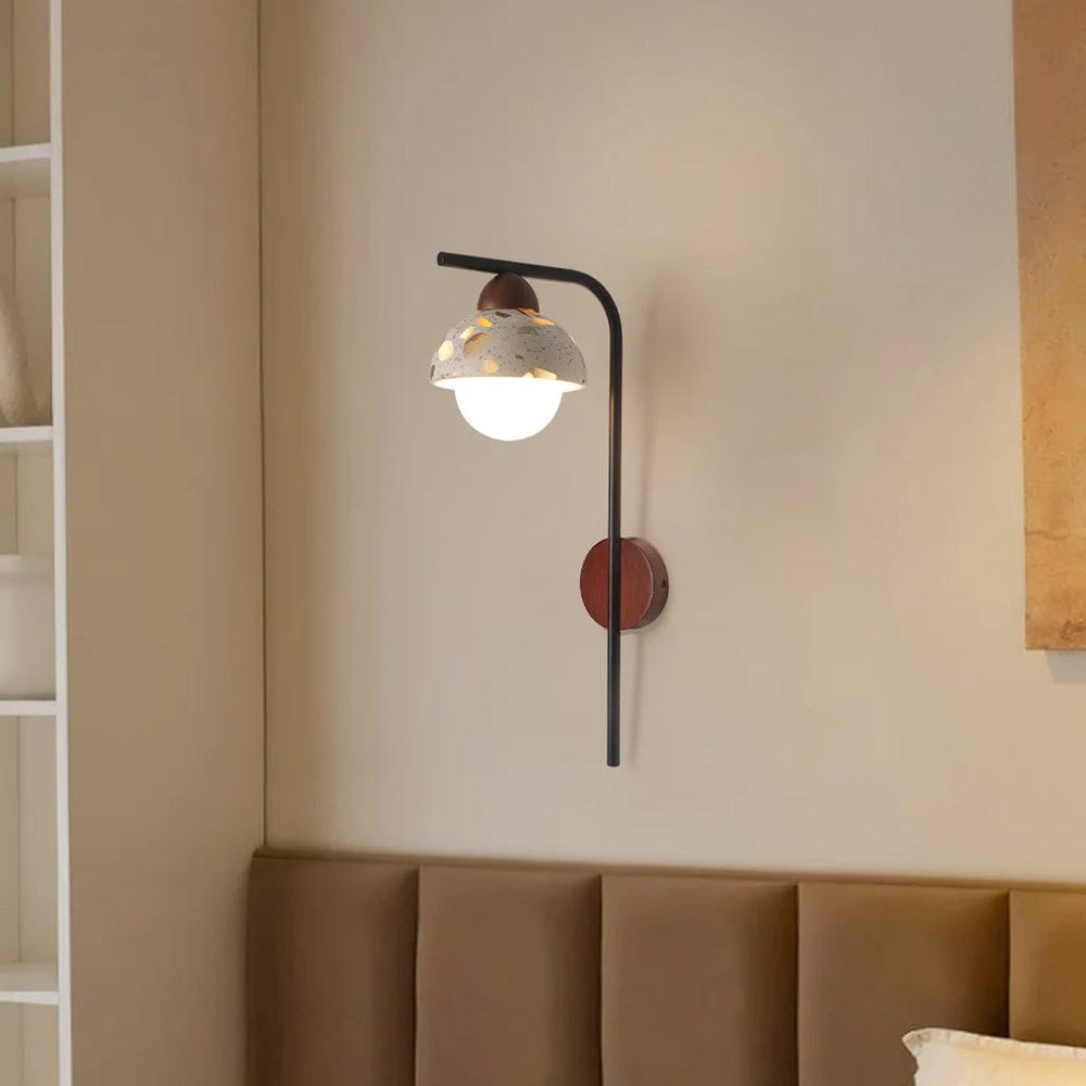 HDC Japanese Minimalist Stone Wall Light with Curved Metal Arm for Bedroom & Living Room