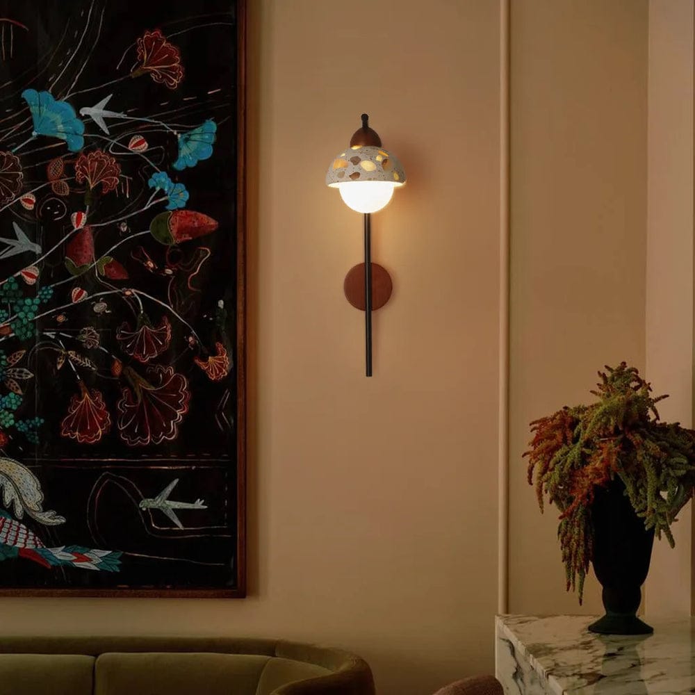 HDC Japanese Minimalist Stone Wall Light with Curved Metal Arm for Bedroom & Living Room