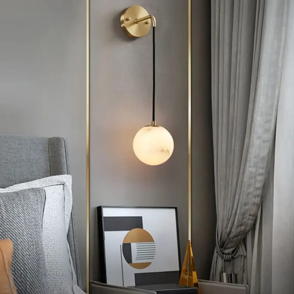 Hdc Luxury Marble Finish Globe Wall Light with Brass Finish For Living Room, Bedroom