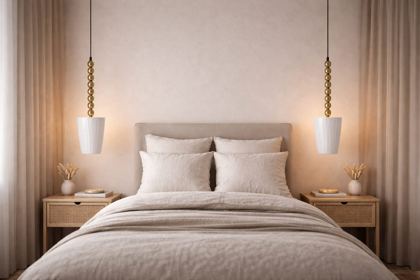 HDC Modern Gold Beaded Pendant Light with White Fluted Shade for Dining, Kitchen & Living Spaces