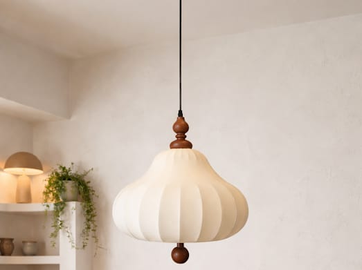 HDC Modern Cream & Walnut Fabric Pendant Hanging Light with Wooden Accent for Living Room, Bedroom