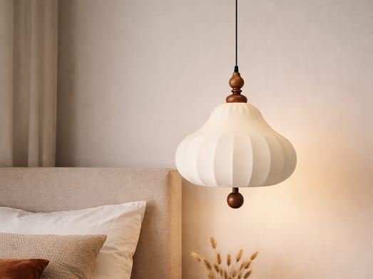 HDC Modern Cream & Walnut Fabric Pendant Hanging Light with Wooden Accent for Living Room, Bedroom