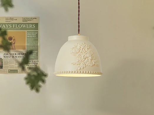 HDC White/Beige 1 Light Modern Floral Embossed Resin Pendant Light for Living Room
