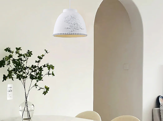 HDC White/Beige 1 Light Modern Floral Embossed Resin Pendant Light for Living Room