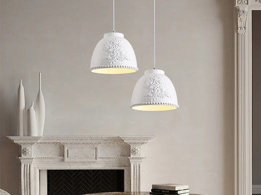 HDC White/Beige 2 Light Modern Floral Embossed Resin Pendant Light for Living Room