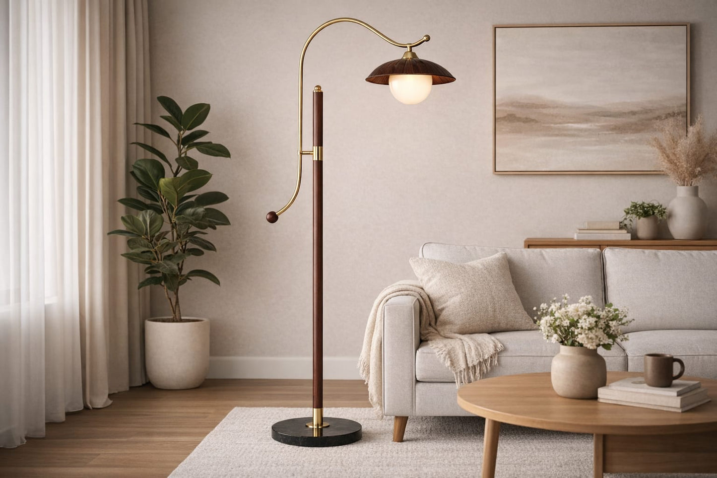 HDC Modern Walnut Wood Floor Lamp with Frosted Glass Shade for Bedroom, Living Room