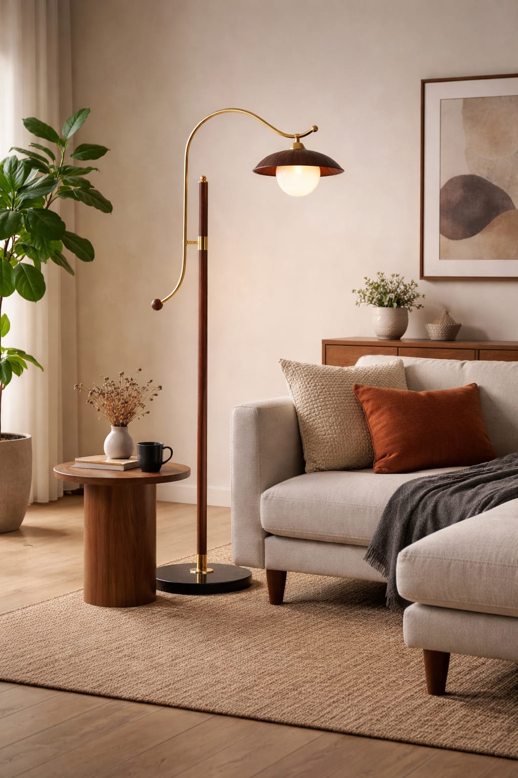 HDC Modern Walnut Wood Floor Lamp with Frosted Glass Shade for Bedroom, Living Room