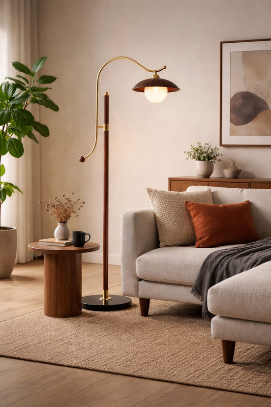 HDC Modern Walnut Wood Floor Lamp with Frosted Glass Shade for Bedroom, Living Room