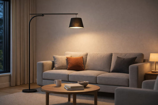 HDC Modern Black Metal Floor Lamp with Fabric Shade for Bedroom, Living Room