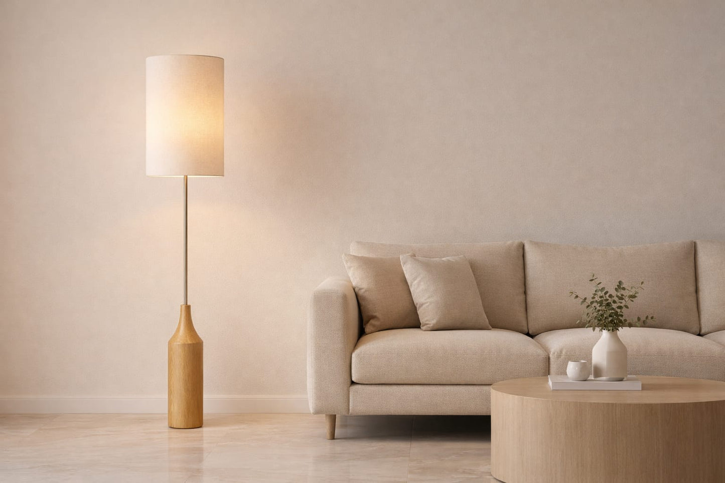 HDC Modern Wooden Fabric Floor Lamp for Living Room & Bedroom