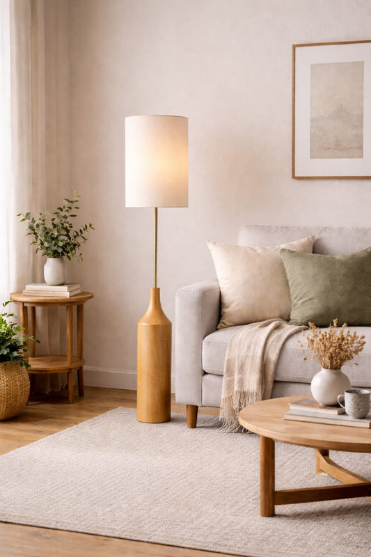 HDC Modern Wooden Fabric Floor Lamp for Living Room & Bedroom