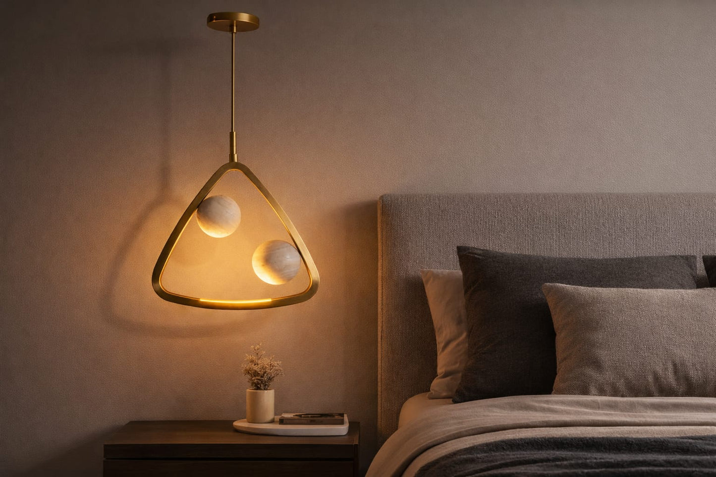 HDC Modern Round/Square/Triangle Travertine Brass LED Pendant Light for Bedroom, Living Room