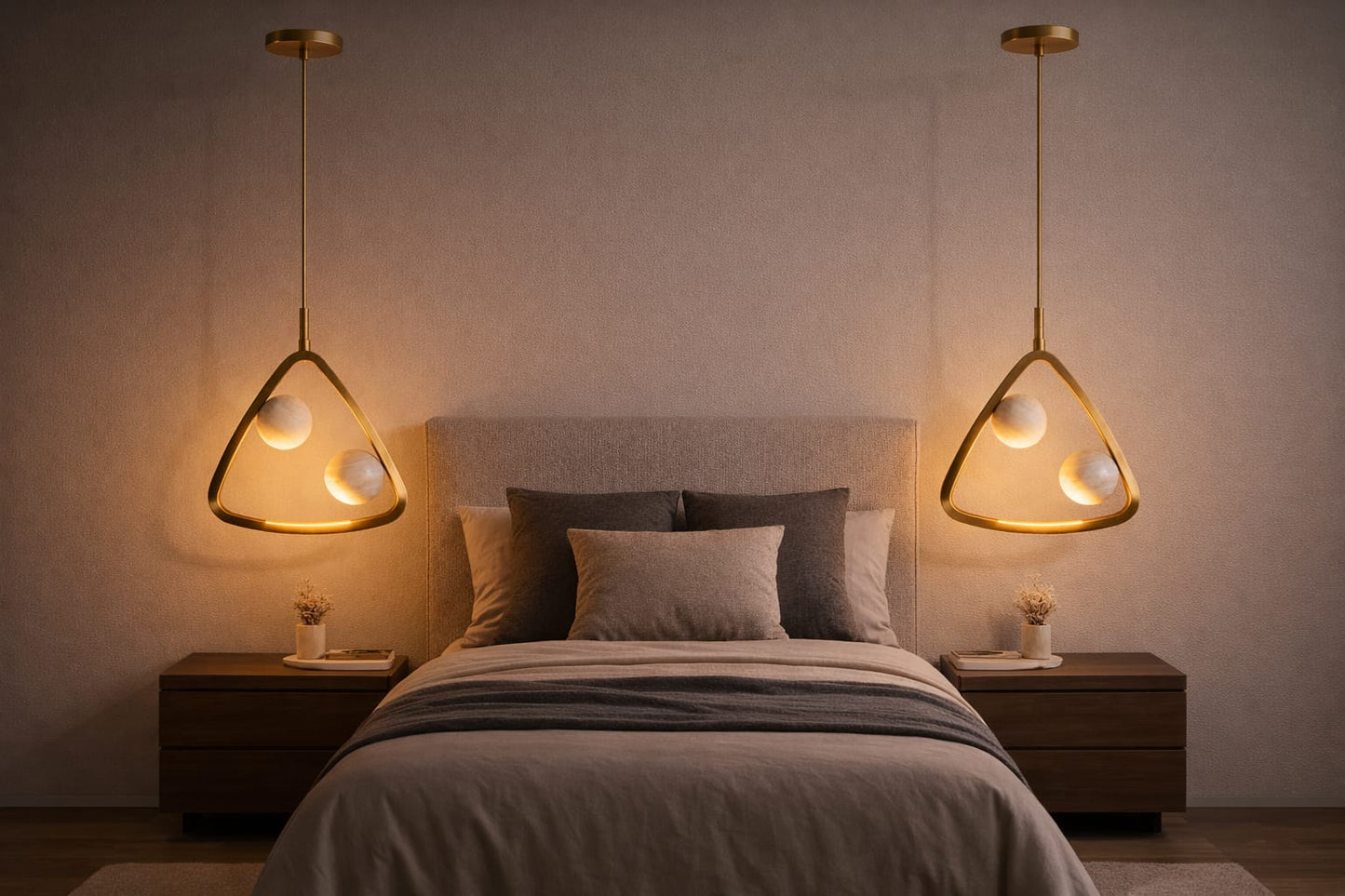 HDC Modern Round/Square/Triangle Travertine Brass LED Pendant Light for Bedroom, Living Room