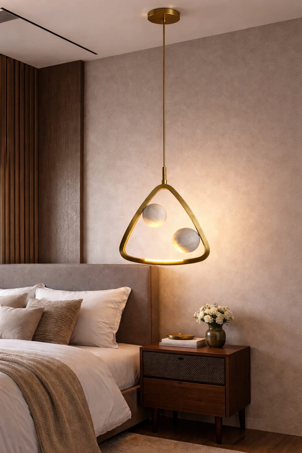 HDC Modern Round/Square/Triangle Travertine Brass LED Pendant Light for Bedroom, Living Room