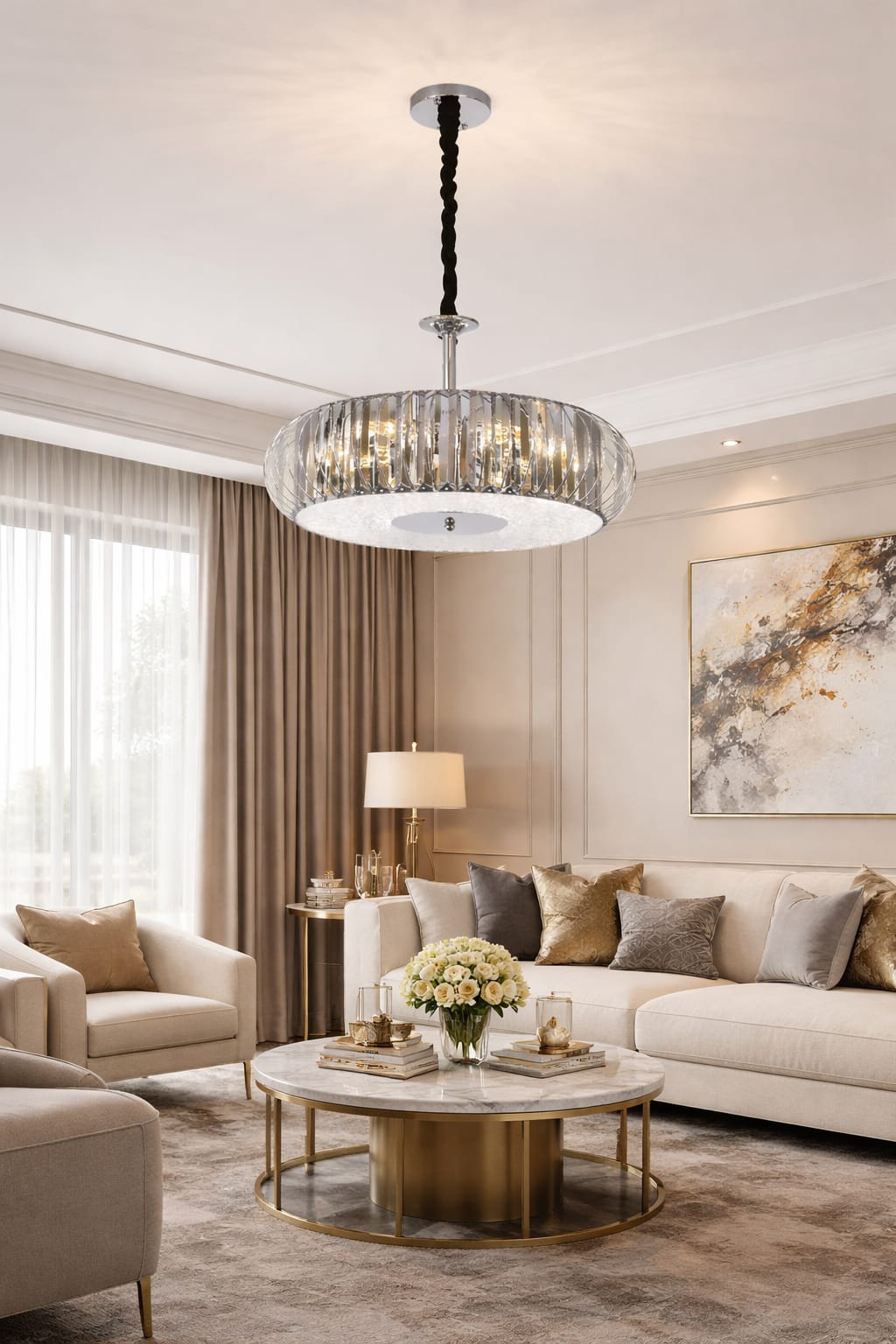 HDC Modern 500mm Crystal Drum Chandelier in Chrome & Smokey Finish
