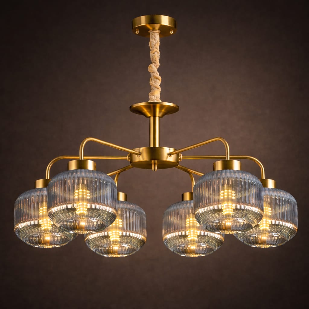 HDC Luxury Gold & Smokey Glass 6-Light Chandelier for Bedroom, Living Room