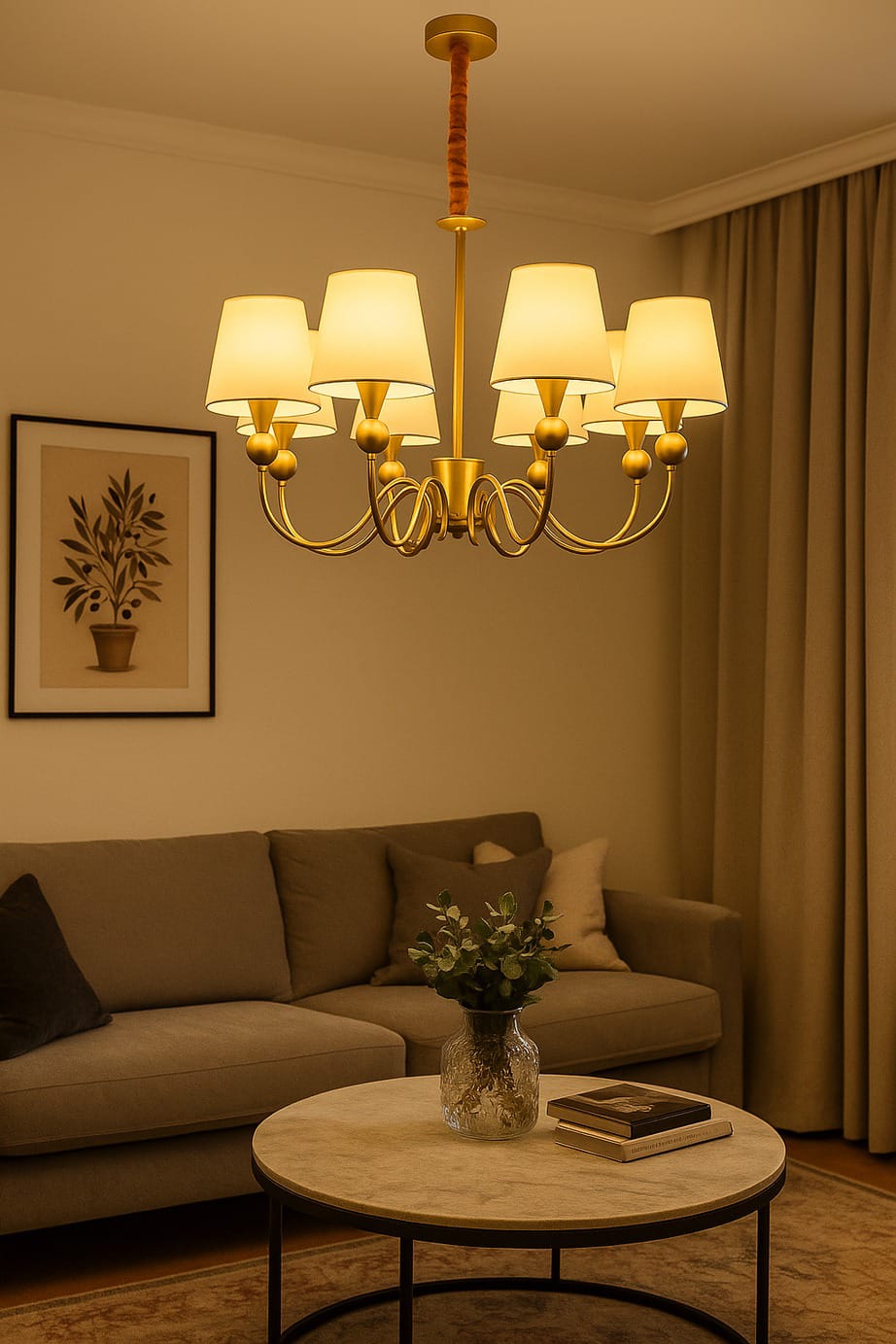 HDC Modern Golden Fabric Shade Chandelier for Bedroom, Living Room